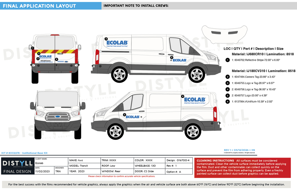 Ecolab, Pest/Institutional, Legacy Kit, Ford, Transit, 130 WB, LR, CS Slider, Rear Glass