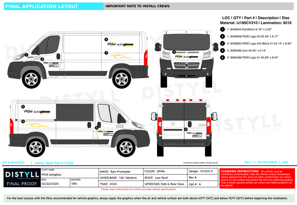 PGW, Ram, Promaster, 136WB, LR, side and Rear Glass, 2023