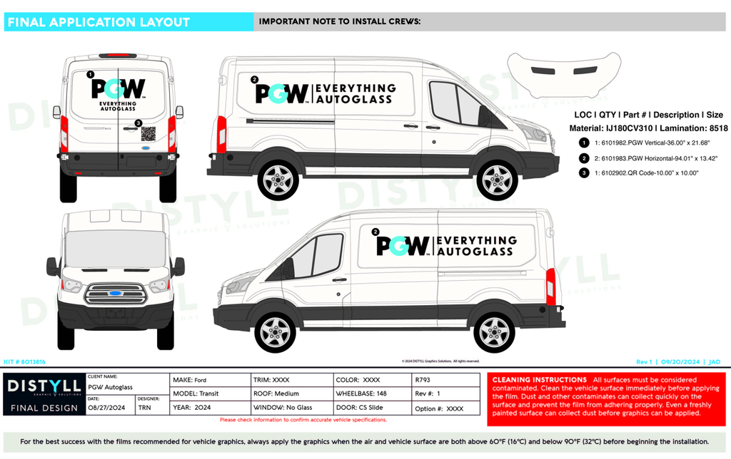 PGW Autoglass, 2024 Design, Ford, Transit, 148WB, Med Roof, Passenger Slide, No Cargo Glass