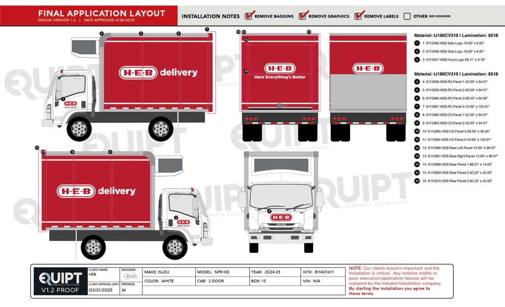 HEB 2024 -2025 Isuzu NPR-XD Box Truck- 3-4 Wrap with Spot Graphics on Cab