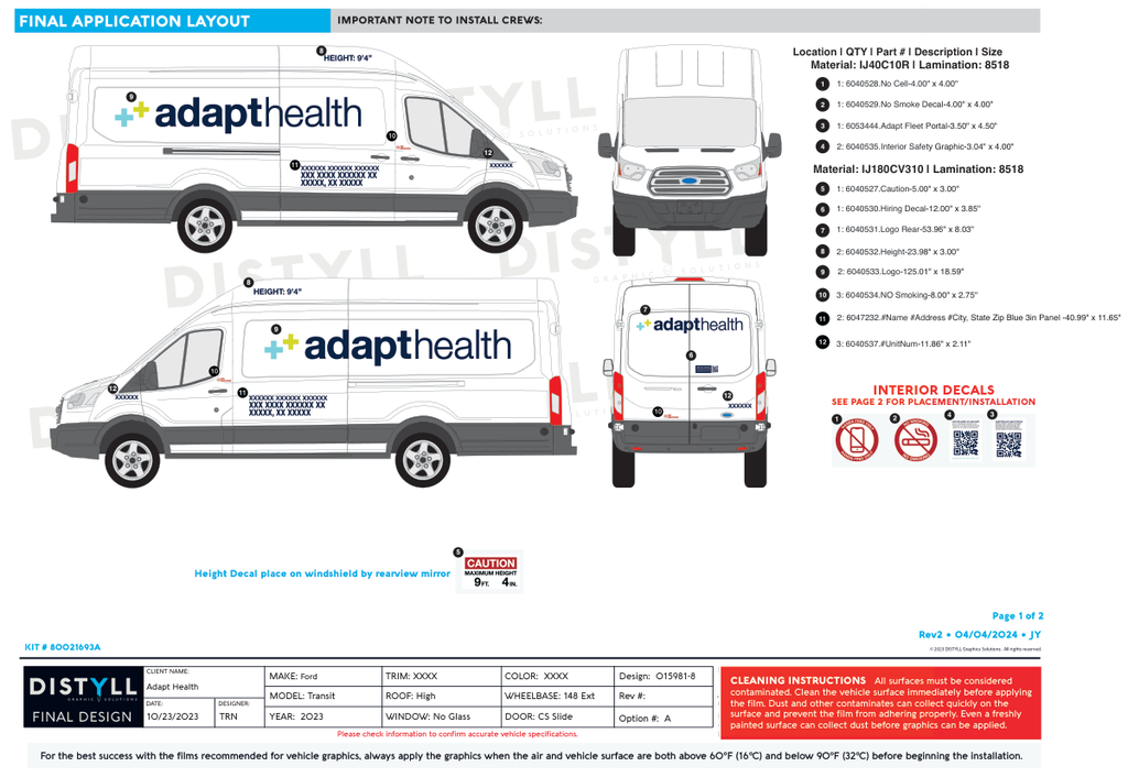 Adapt Health, Ford, Transit, HR, 148 EXTD WB, CS Slide, No Glass, 2023, 3in Pers