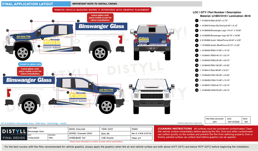 Binswanger Glass, Chevrolet, Silverado 2500, WT, Double Cab, 8ft Box, 162WB, 2025,With Glass Rack, Partial Design