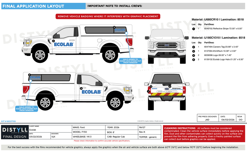 Ecolab, Ford, F-150, 141WB, Reg Cab, 8ft Bed, 2026, Universal Century or Leer Topper with Windows