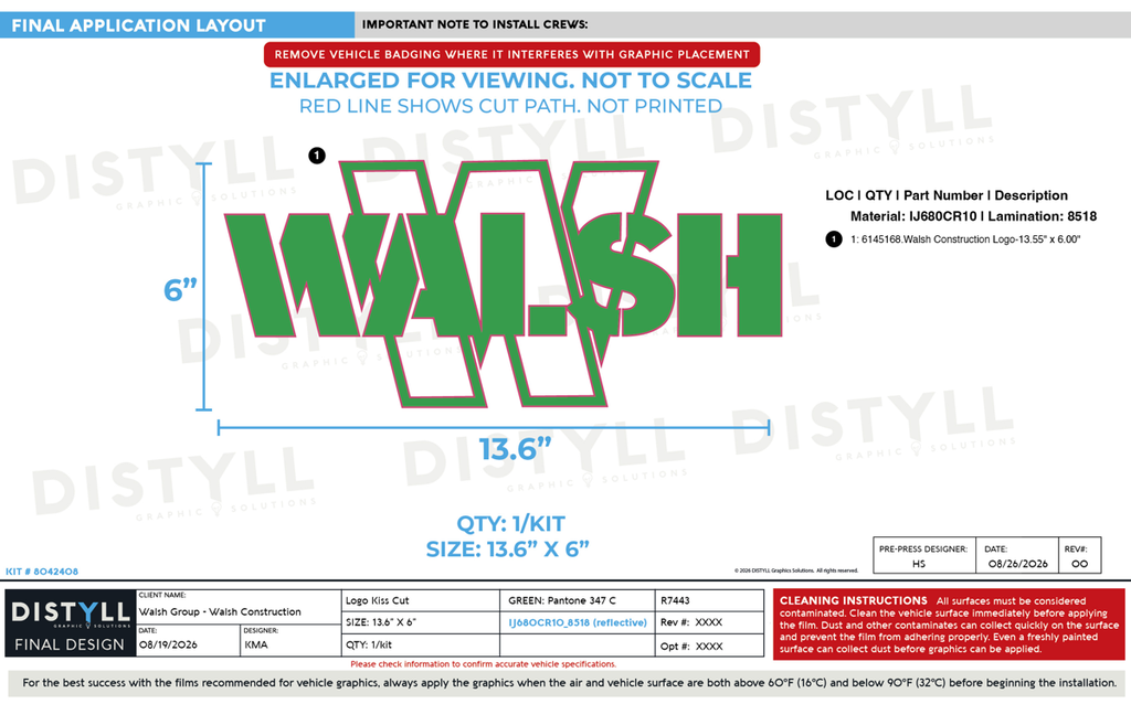 Walsh Group, Walsh Construction, 6in Logo, Universal Part