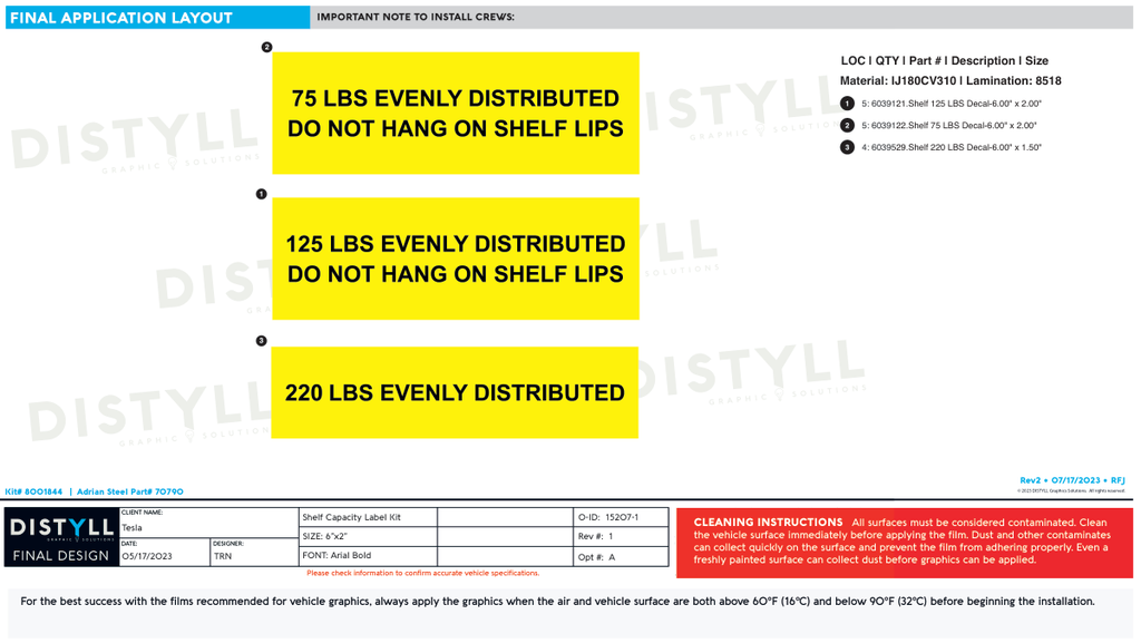 Tesla, Shelf Capacity Label Kit