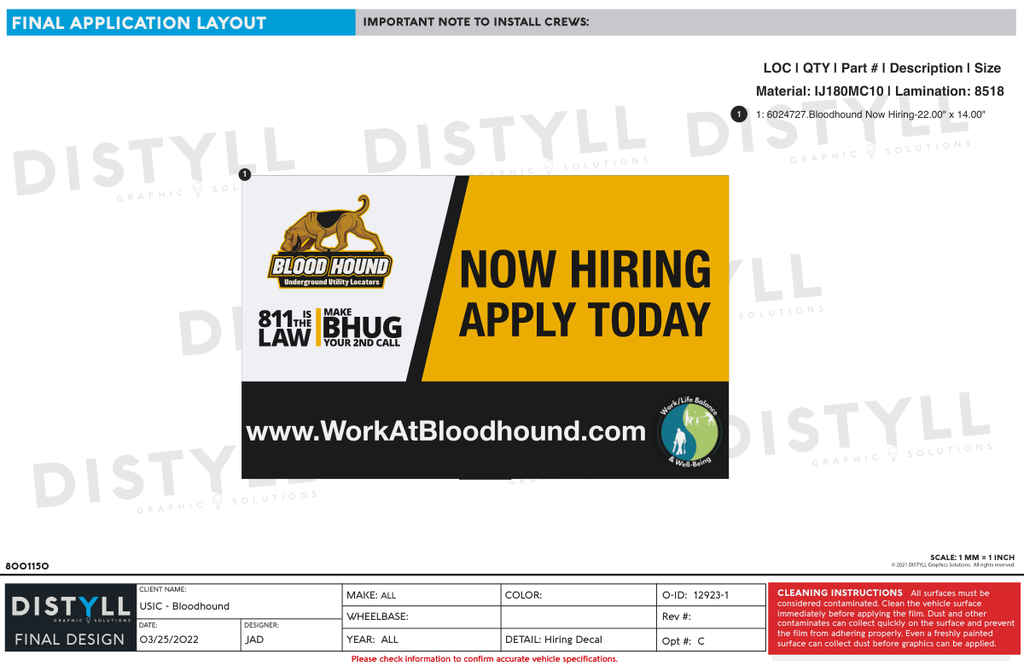 USIC, Bloodhound, Now Hiring Decal, 22 x  14