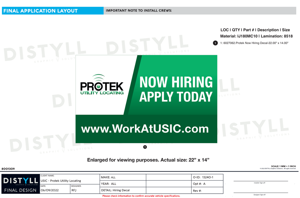 USIC, Protek Utility Locating, Now Hiring Decal, 22 x 14
